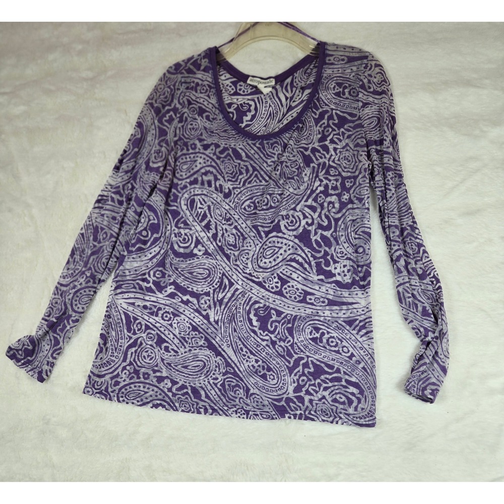 Y2K Aeropostale Womens XL Purple Paisley Print Scoop Neck Burnout Tee Sheer - Picture 4 of 7